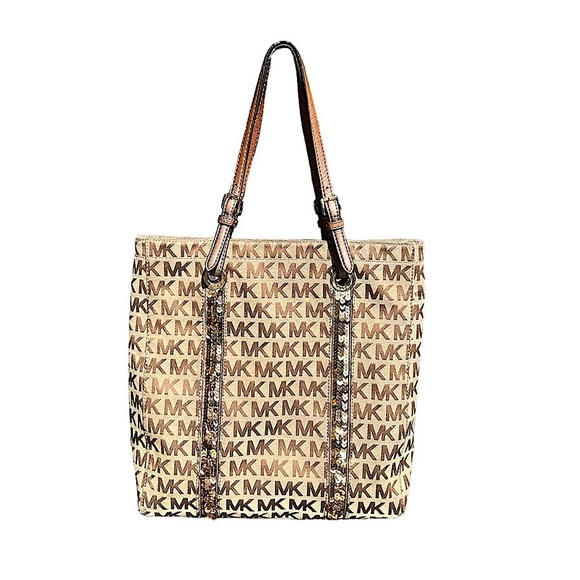 Michael Kors Brown and Tan Signature MK logo Tote with adjustable straps - Picture 1 of 15